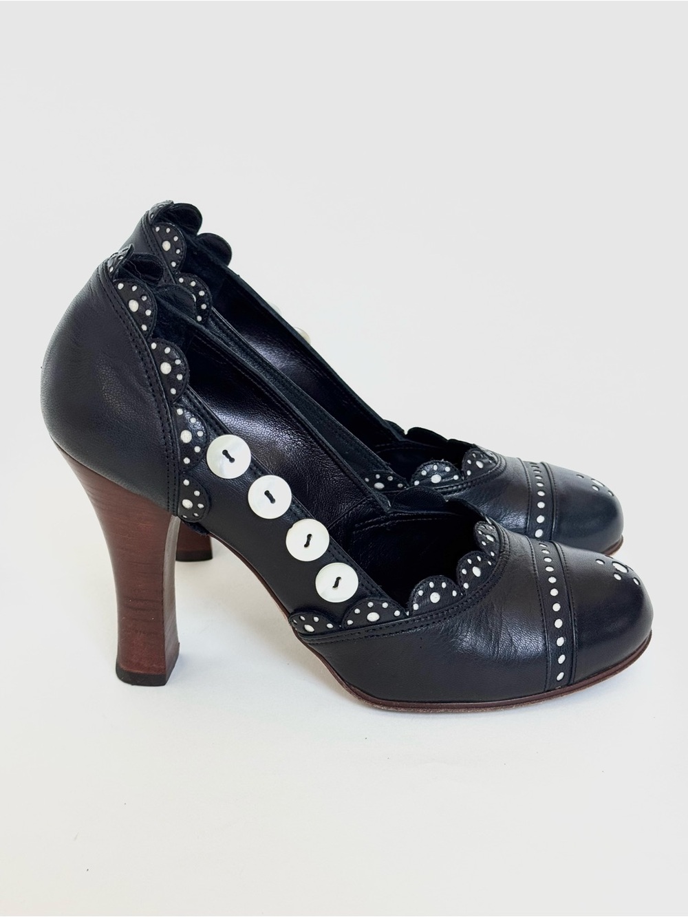 Vintage John Galliano Black Leather Scalloped Heels with Button Accents - Italy - Picture 2 of 11